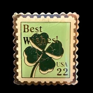 Vintage Shamrock Clover Enamel Stamp Best Wishes St Patrick's Day Lapel Hat Pin
